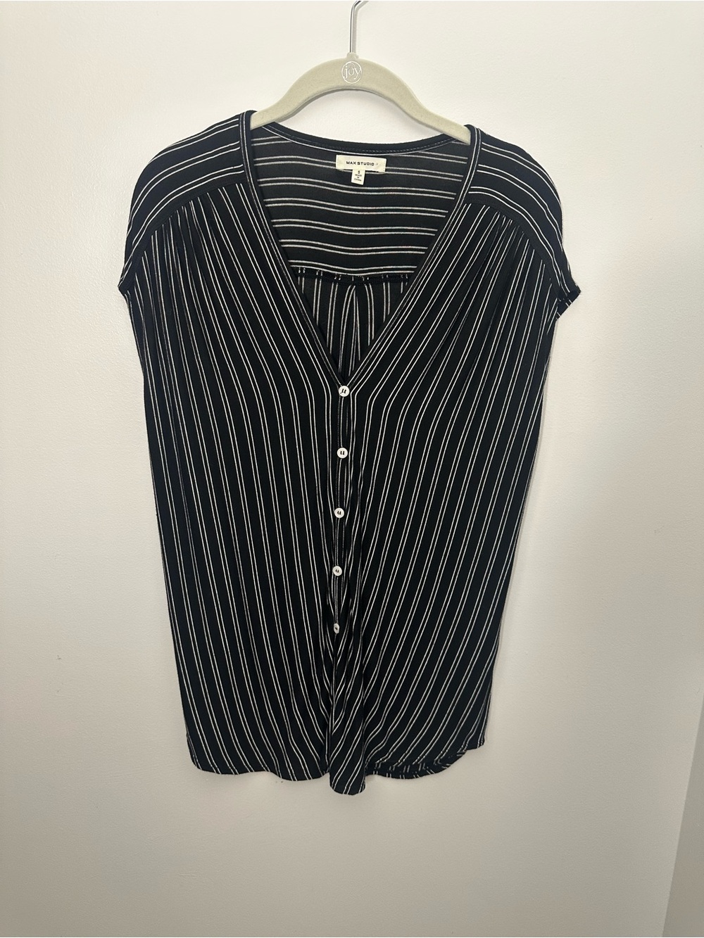Max Studio Black Stripe Button-Front V-Neck Top Women’s S